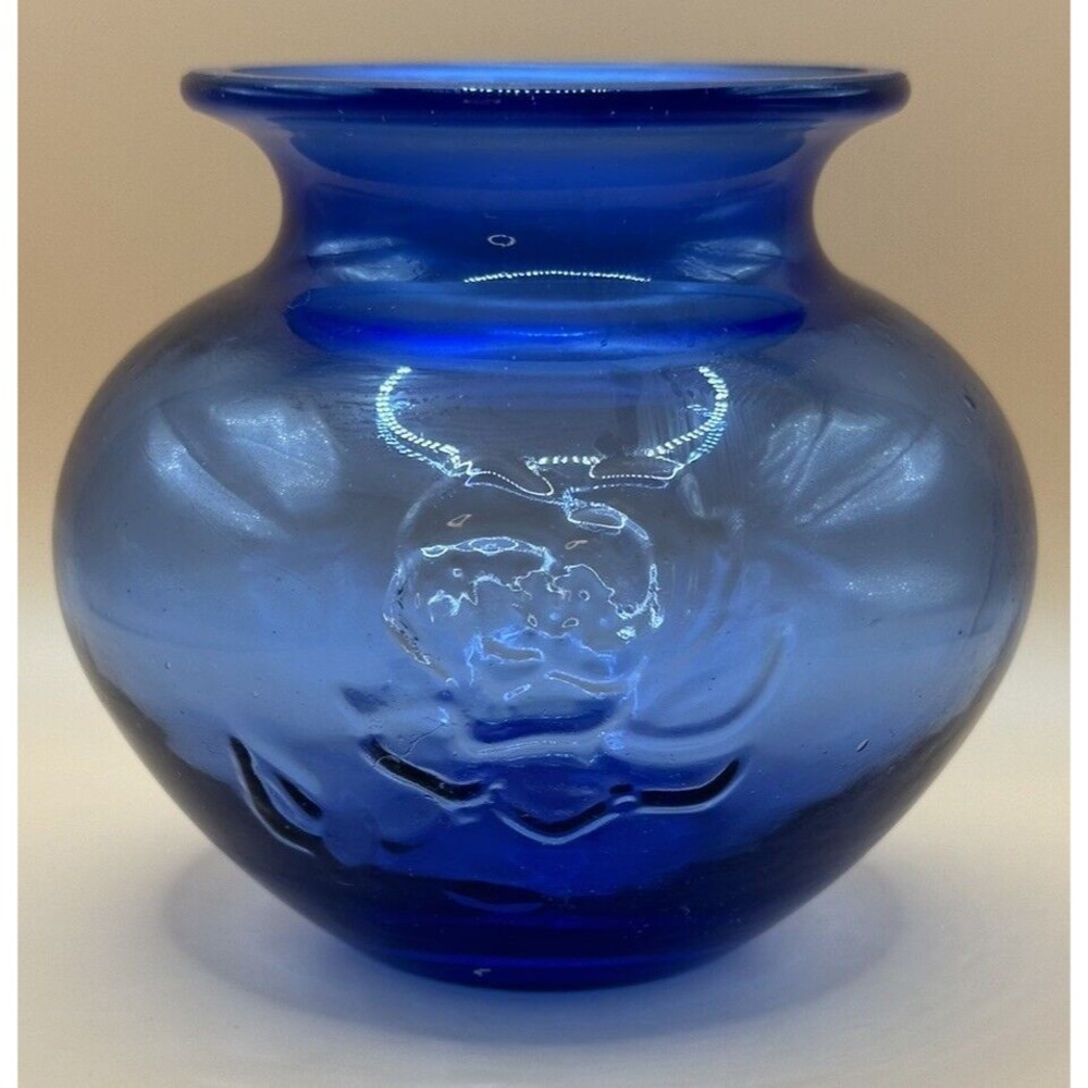 Cobalt Blue Glass Vase With Rose Imprint